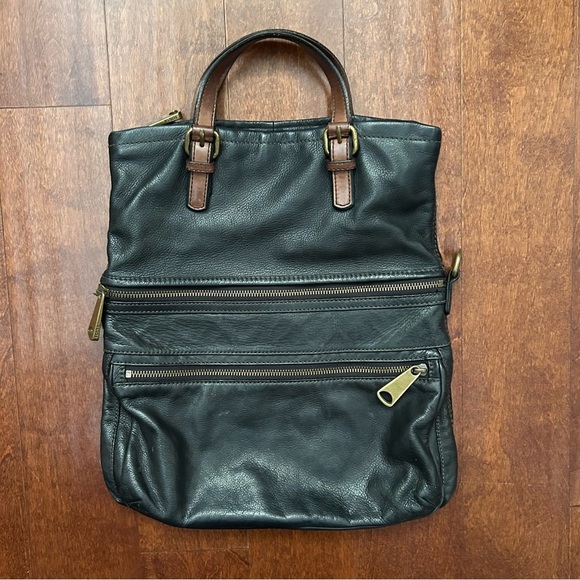 Fossil Explorer Tote in Black Leather with Brown Leather and Brass Accents - Picture 6 of 16